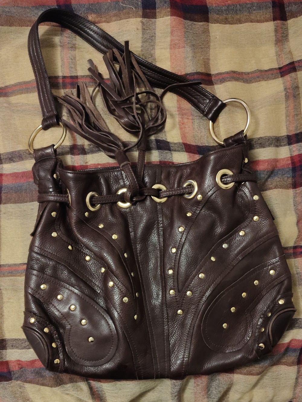 BULGA VintagBrown Leather   Tote with Multicolor Flower Lining & Brass Hardware